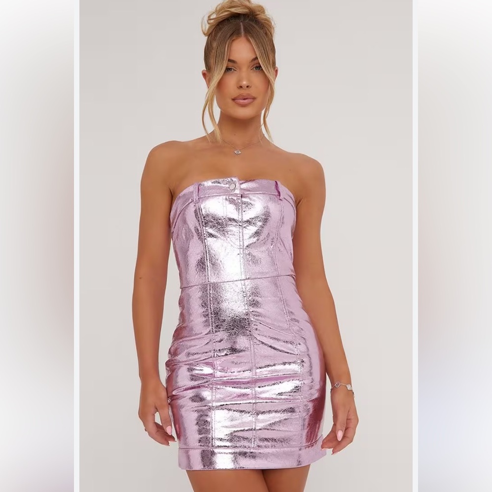 NWT Ego Crackle Metallic Bandeau Pink Strapless Dress
